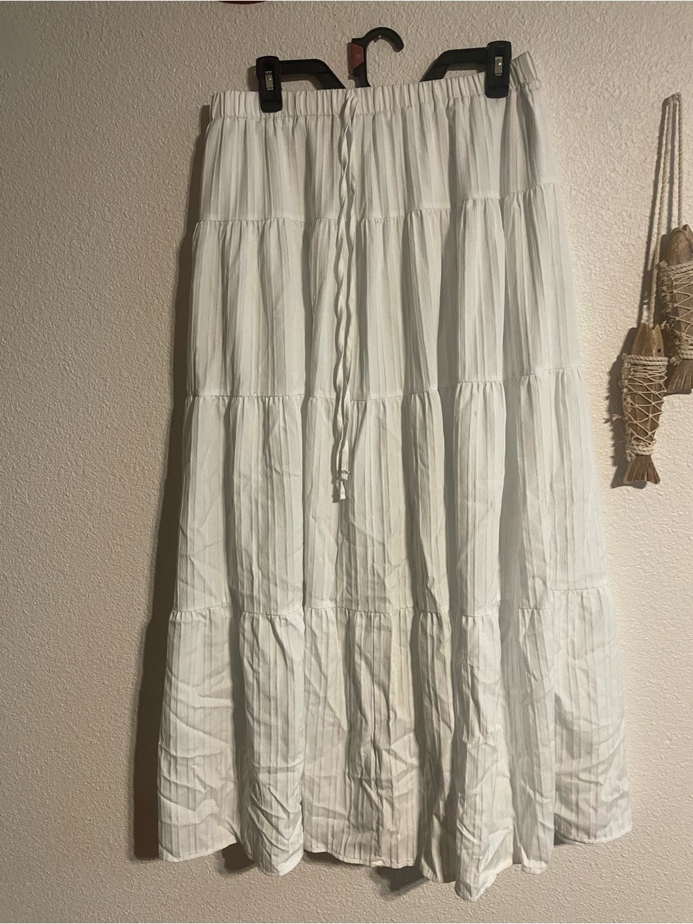 Women's White Tiered Maxi Skirt - Lightweight Drawstring Waist. O XL